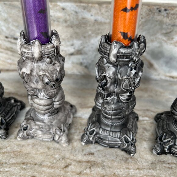 Set Of 4 Gothic Halloween LED Candles Skull Bases Orange & Purple READ - Picture 4 of 9